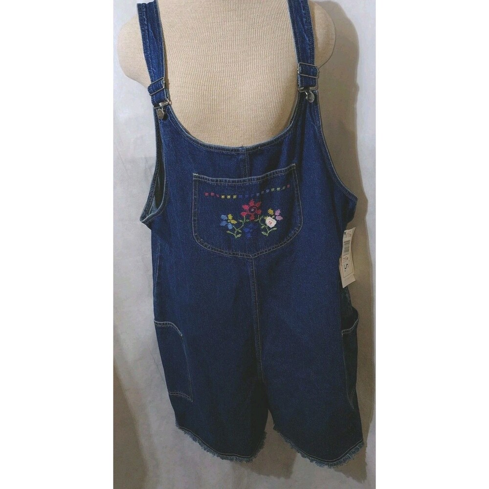 90's Basic Editions Overall Shorts Women's 18W Blue Denim Embroidered Frayed Hem